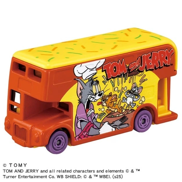 Tom and Jerry double-decker toy bus with cartoon graphics and purple wheels.