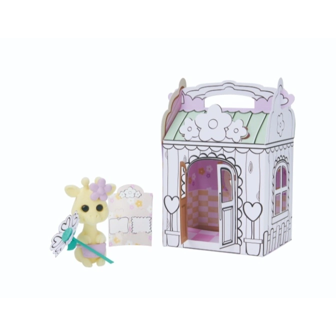  Toy giraffe with flower, card, and house. A playset for imaginative fun.