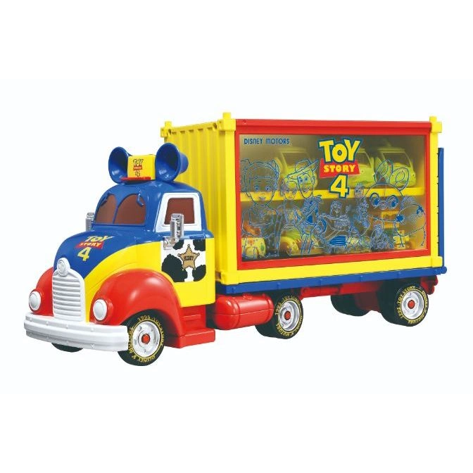 Toy Story 4 Disney Motors truck with character graphics and toy cars inside the transparent trailer.