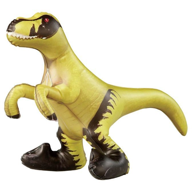 Inflatable yellow dinosaur toy with black markings and red eyes, standing upright.