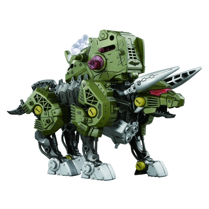 Green Zoids toy with two heads, silver horns, and a boxy cockpit.