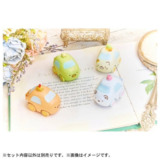  Sumikko Gurashi character cars: orange, green, cream cat, and blue.