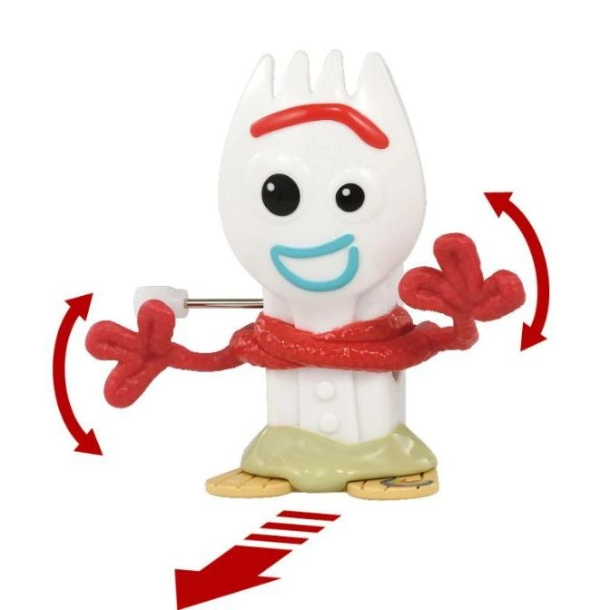  Toy Story's Forky with bendable arms and directional arrow, promoting poseability and movement.