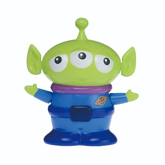 Toy Story alien figure with three eyes, green skin, and blue suit with purple collar.