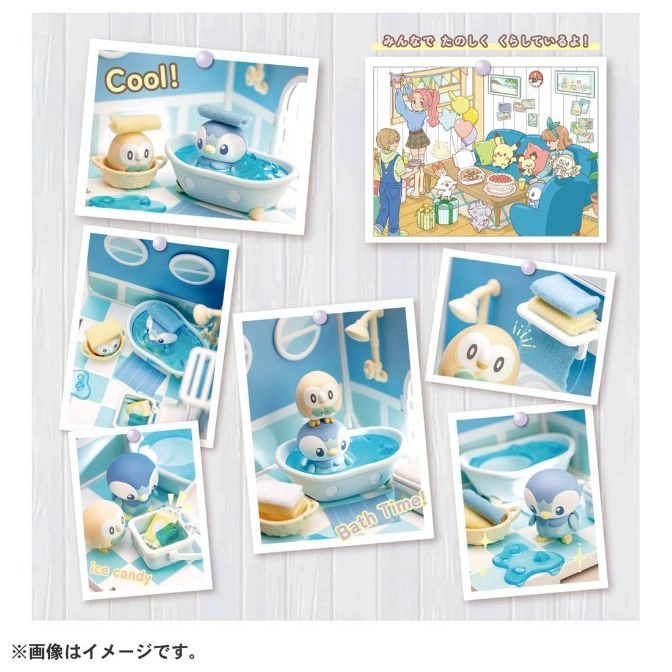  Pokémon toy bathroom set with Piplup figures in tubs and other bathroom scenarios.