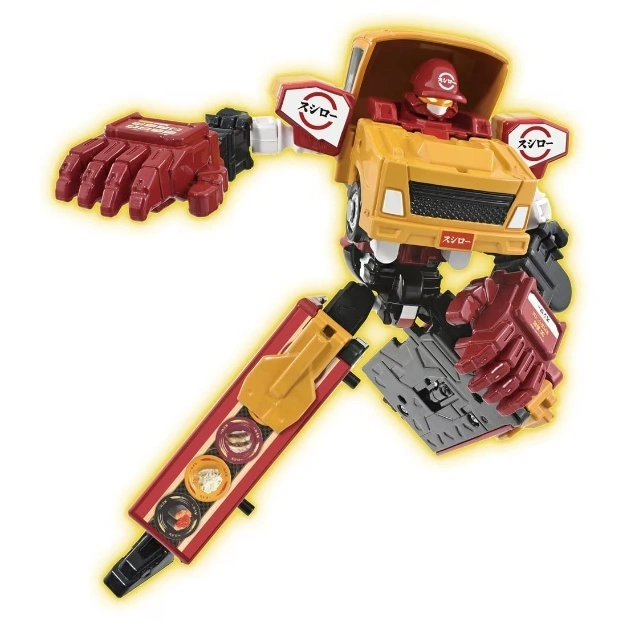  Sushi-themed transforming robot toy with truck and conveyor belt elements.