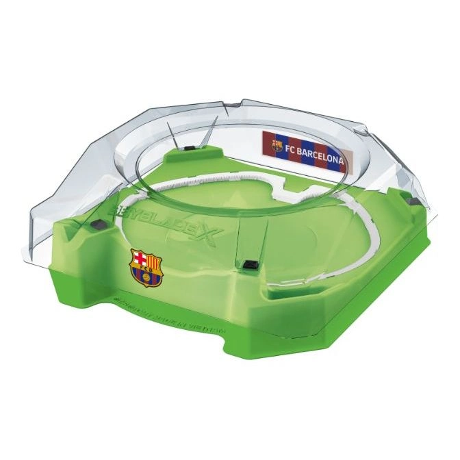  Green Beyblade X stadium with FC Barcelona logo and clear protective cover.