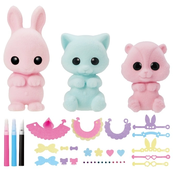  Flocked animal toy set: bunny, cat, hamster with felt accessories and markers.