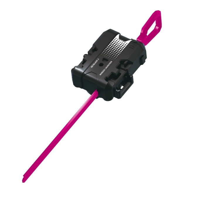  Black Beyblade X launcher with a pink ripcord and handle.