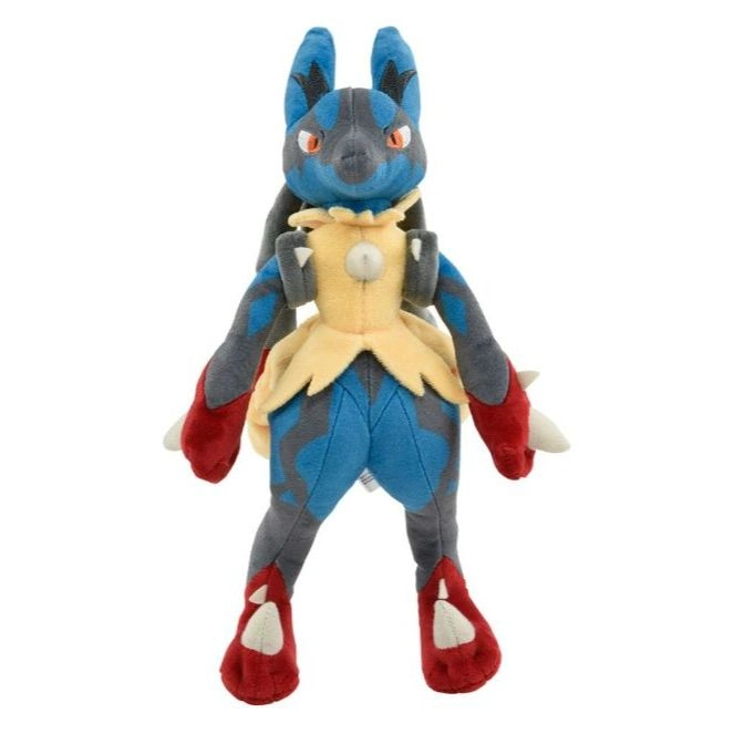 Lucario plush toy with blue, gray, red, and yellow details, standing upright.