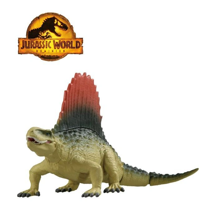  Dimetrodon dinosaur toy with a large sail on its back, next to Jurassic World logo.