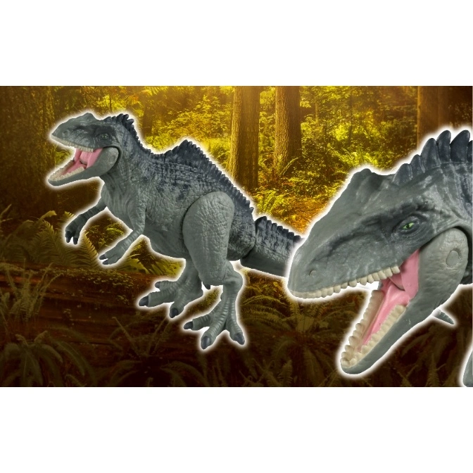  Gray dinosaur toy with open mouth, standing against a forest backdrop.