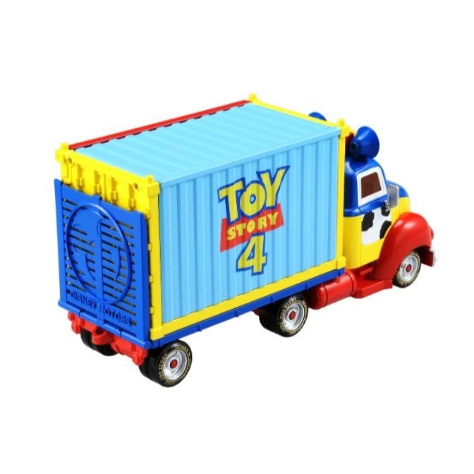  Toy Story 4 Disney Motors truck toy. Blue container with 'Toy Story 4' logo, red cab, and yellow accents.