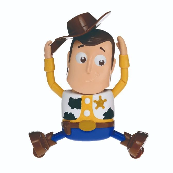 Toy Story Woody figure with hat, arms raised, sitting.