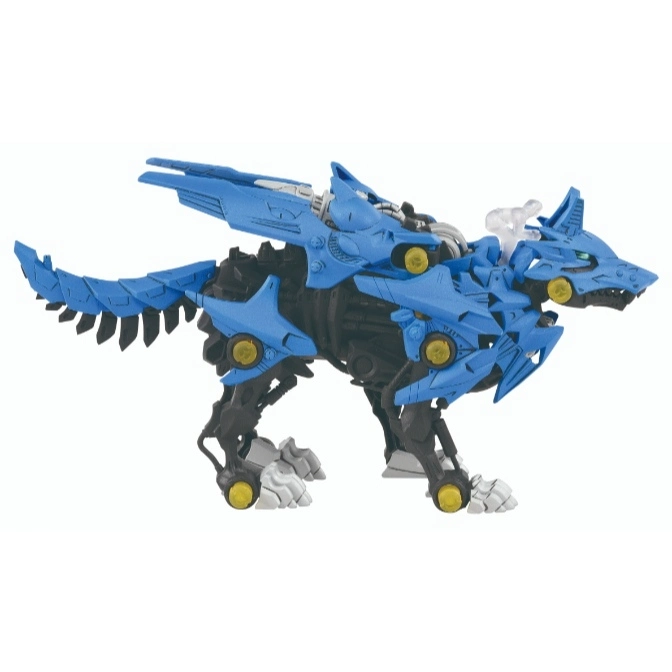  Blue Zoid wolf toy with yellow accents, standing in a neutral pose.