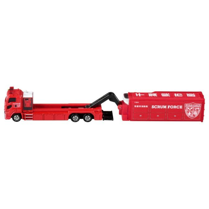 Red toy fire truck with a detachable trailer labeled "SCRUM FORCE."