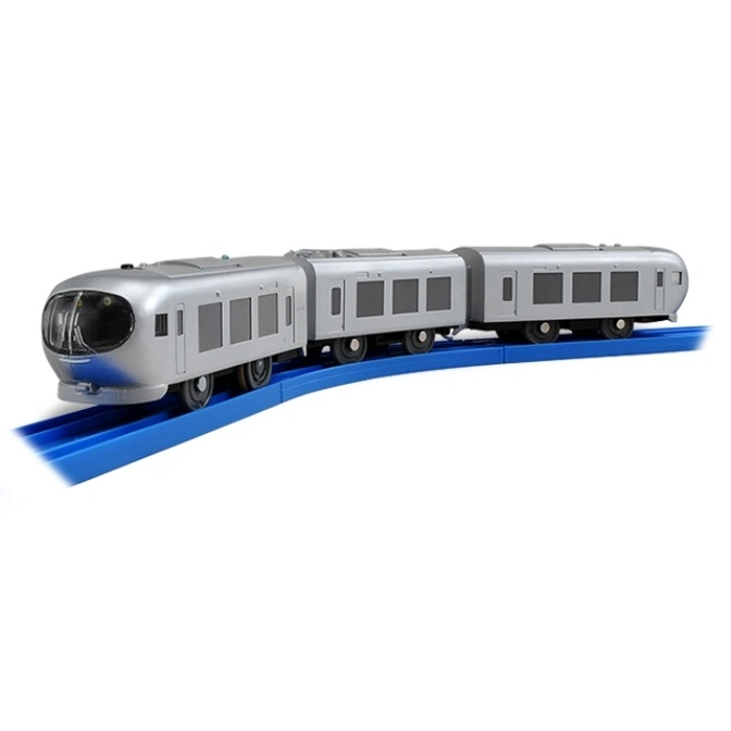  Silver toy train on blue tracks, featuring multiple cars and a streamlined design.