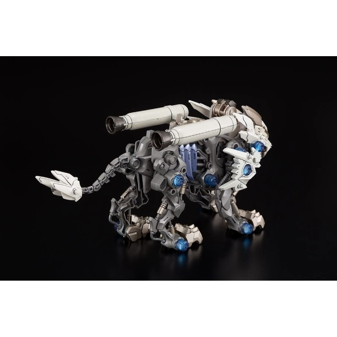 Grey robotic lion toy with blue lights and two white cannons on its back.