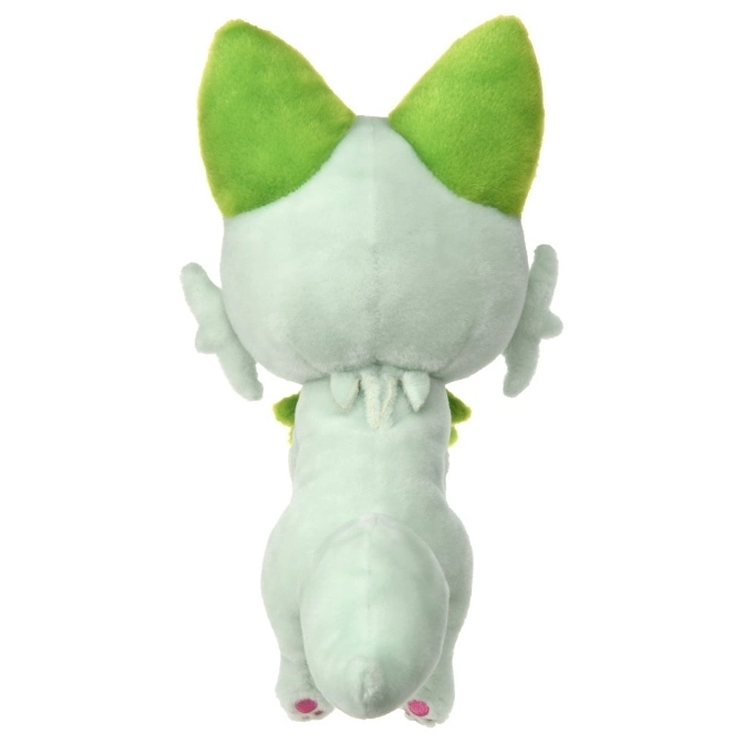  Sprigatito plush toy, rear view. Green ears, tail, and paws with pink toe beans.