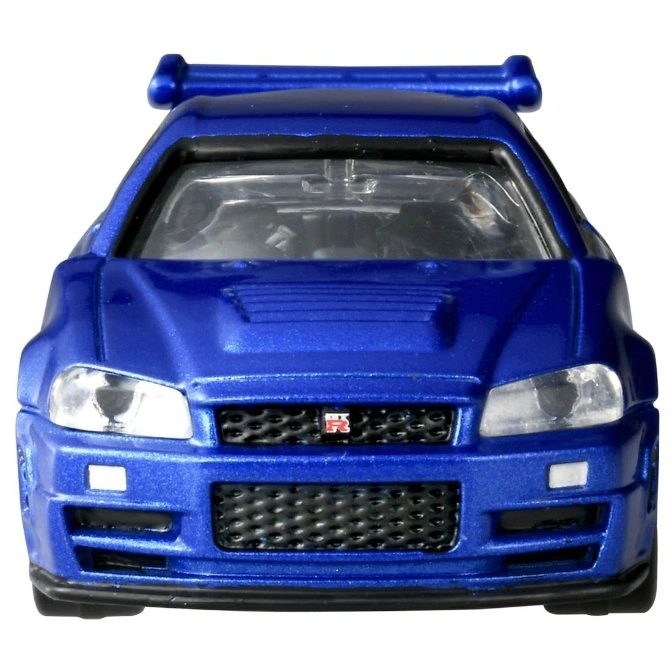  Blue toy Nissan Skyline GT-R with a rear spoiler, viewed from the front.
