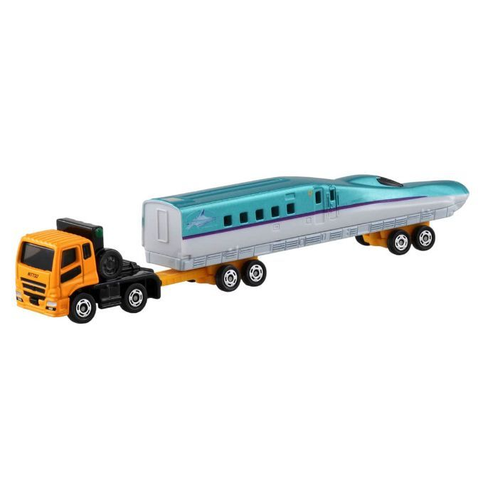 Toy truck hauling a bullet train. The truck is yellow and the train is blue and silver.