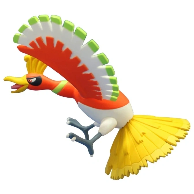  Ho-Oh Pokémon toy figure with red, white, green, and yellow plumage, in a dynamic pose.