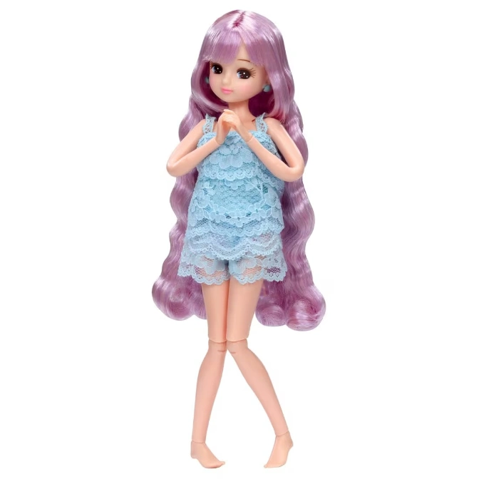  Doll with long lavender hair wearing a blue lace top and shorts, hands clasped.