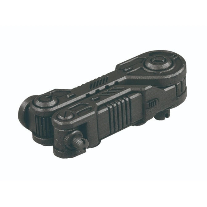  Black toy weapon with intricate details, screws, and cylindrical ends.