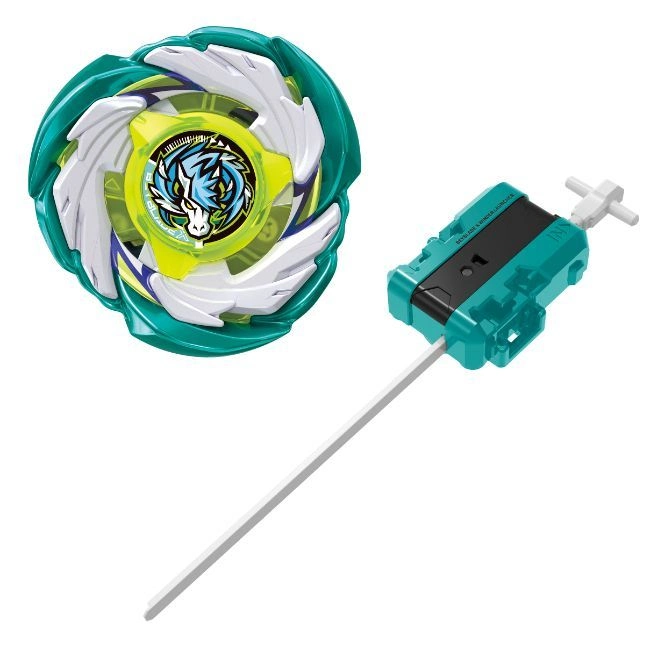  Teal Beyblade with launcher. Beyblade has a dragon design.