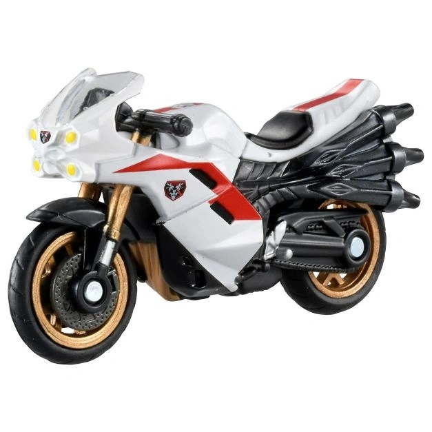  White toy motorcycle with red accents and gold wheels.