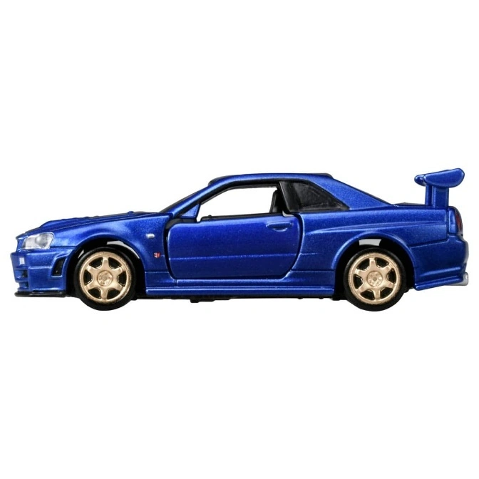  Blue toy Nissan Skyline GT-R (R34) with gold wheels and a spoiler.