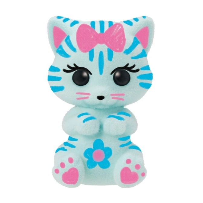  Light blue plush cat toy with pink bow, ears, paws, and flower design.