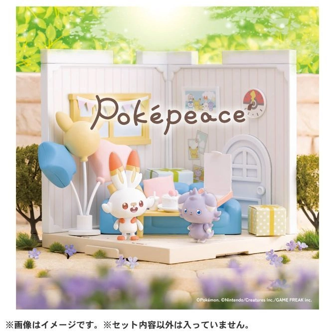  Poképeace playset with Scorbunny and Espurr figures in a miniature living room setting.