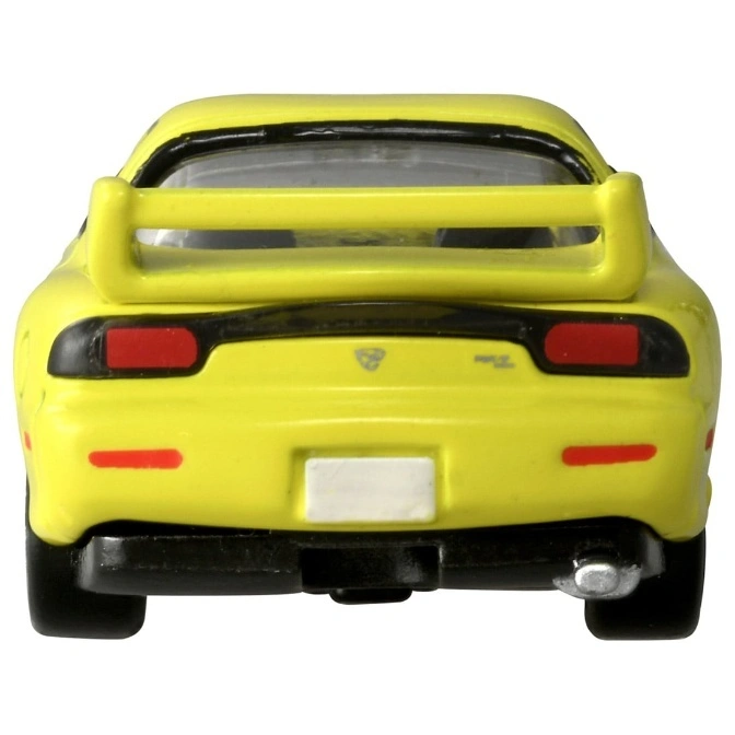  Yellow toy car rear view with spoiler, taillights, and license plate.