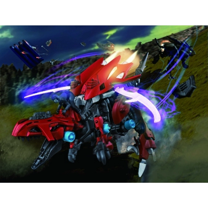  Red Zoid toy with glowing blue accents and energy effects, set against a dynamic background.