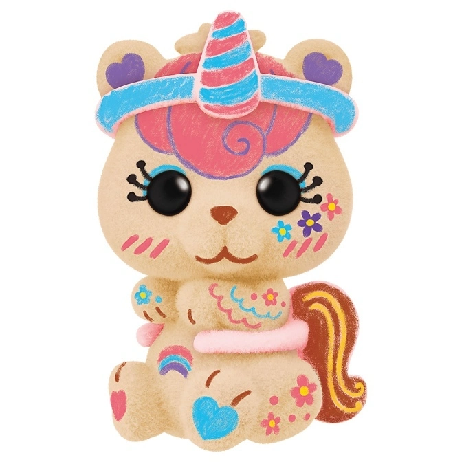  Cute bear toy with unicorn horn, heart ears, and flower face paint.