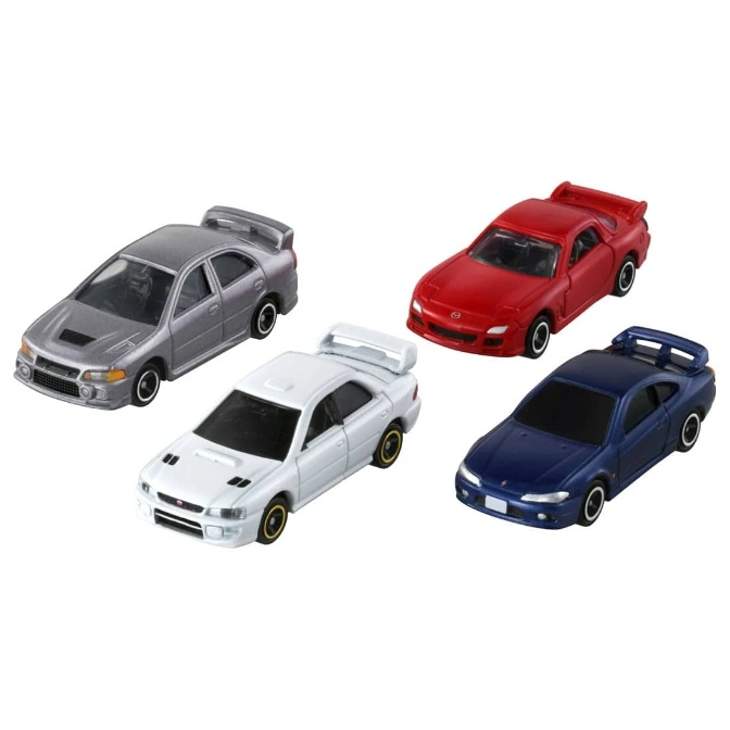Four toy cars: silver Mitsubishi Lancer Evo, red Mazda RX-7, white Subaru Impreza, and blue Nissan Silvia.