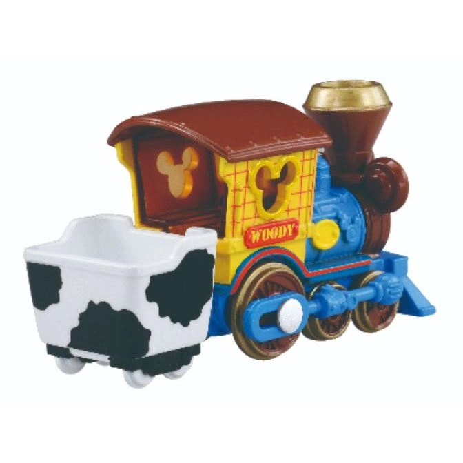  Toy Story Woody's train with cow car, featuring Mickey Mouse cutouts and Woody nameplate.