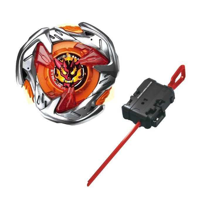  Beyblade toy with launcher. Orange, red, and silver color scheme. Features a devil design.