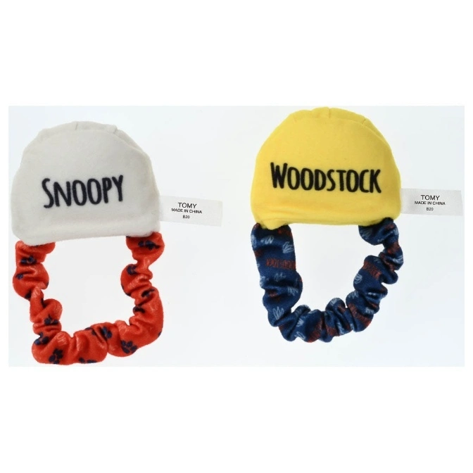  Snoopy and Woodstock plush baby rattles with scrunchie loops, TOMY brand.