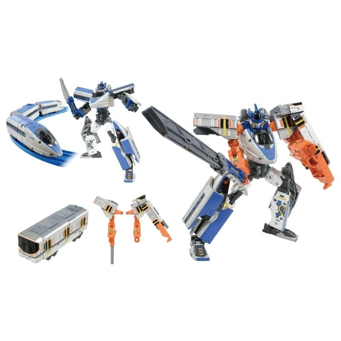  Train transformer toy: train, robot with sword, and train car parts.