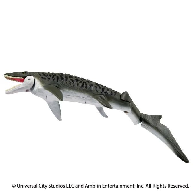  Mosasaurus toy with articulated jaw, flippers, and tail.