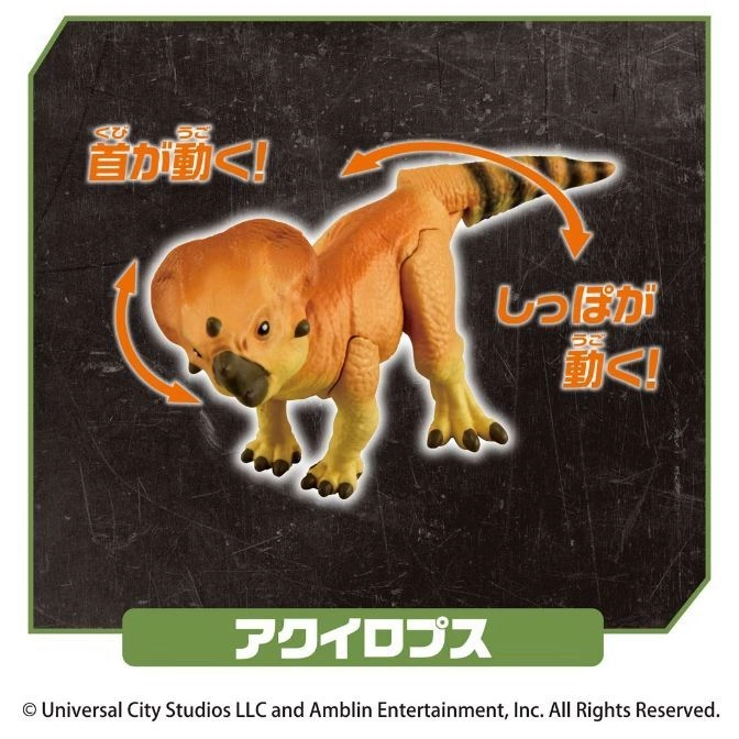  Orange dinosaur toy with moving head and tail, as indicated by arrows.
