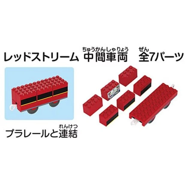  Red toy train car with building blocks, disassembled and assembled, with Japanese text.