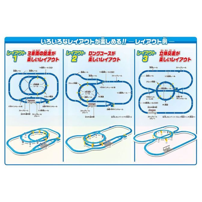  This image shows three different layouts for a toy train set. Each layout is numbered and has a title describing its features. The first layout is designed for three trains to run side-by-side, the second is a long course, and the third features a three-dimensional intersection. Each layout is illustrated with a diagram showing the track configuration and the different types of track pieces used.