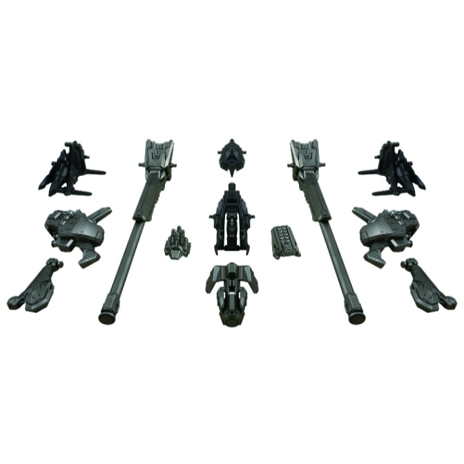 Grey toy spaceship parts laid out, including guns, wings, and body pieces.
