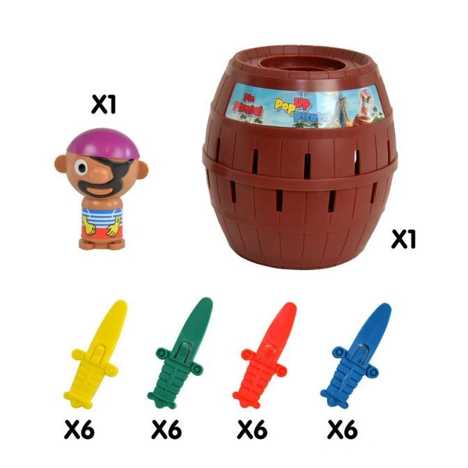 Pop Up Pirate game with barrel, pirate figure, and colorful swords.