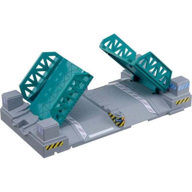 A toy drawbridge is shown in the open position.