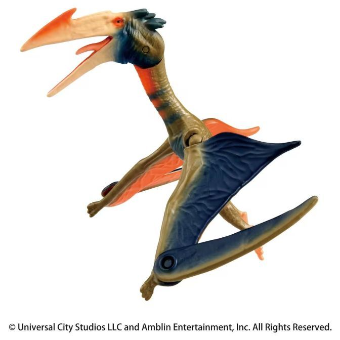  Pteranodon toy with articulated wings and jaw, featuring orange, blue, and tan colors.