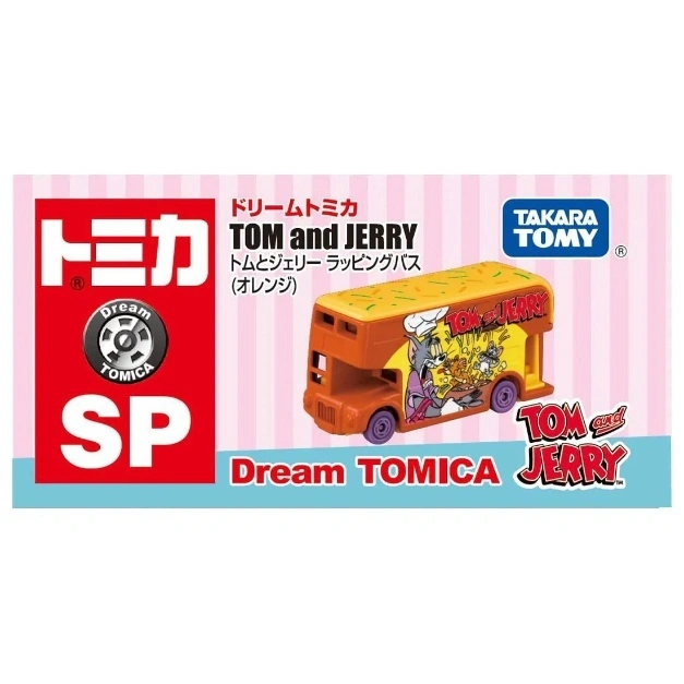 Tom and Jerry Dream Tomica bus toy, orange with cartoon graphics.